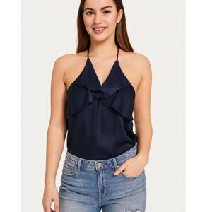 Theory Silk Tank Top Womens Medium Black Halter Ruffle Detail Sleeveless Blouse